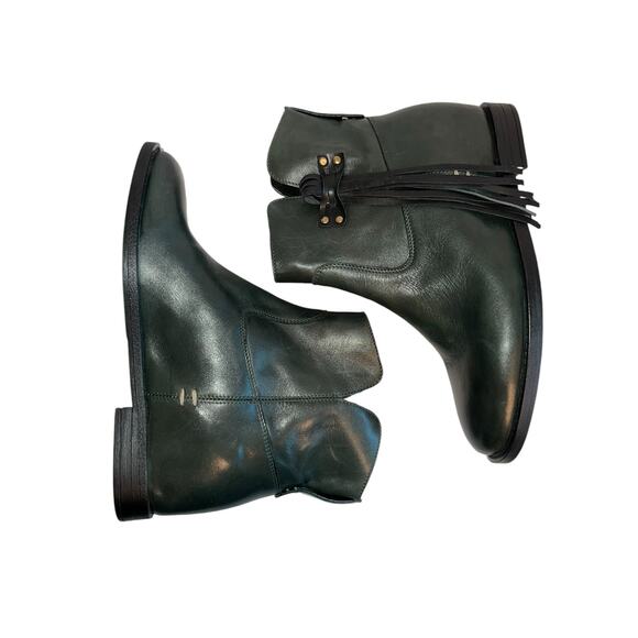 Girotti Hidden Wedge Ankle Bootie Loden Green Black Fringe Tassel 40 EU / 9.5 US - Picture 4 of 11
